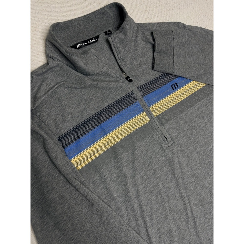TravisMathew Mens Gray Quarter Zip Pullover Golf Sweater Large Striped Chest